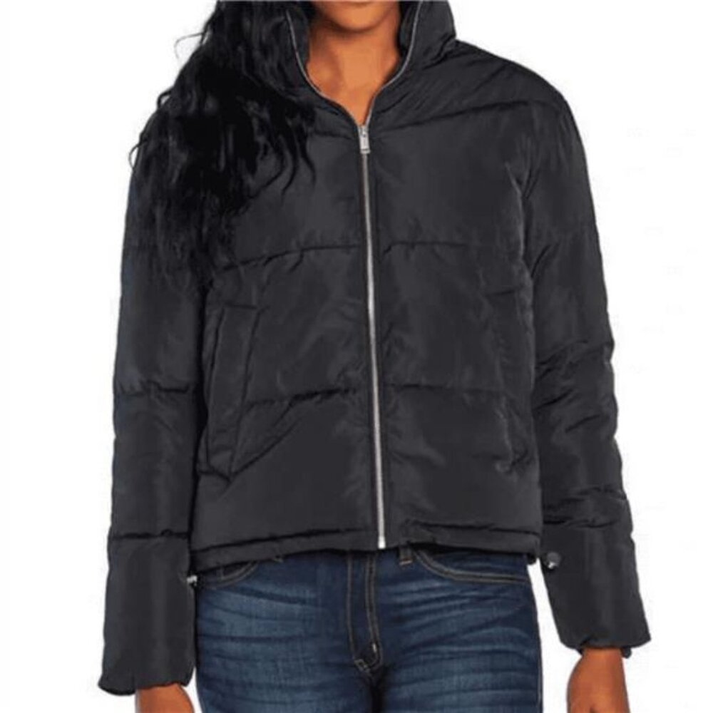 Three Dots Womens Drawstrings At Hem Puffer Jacket (Black, X-Large)